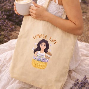 Lavender and Coffee Canvas Tote Bag, Shopping Bag, Coffee Lover, Organic Cotton Bag, Cozy Life image 3