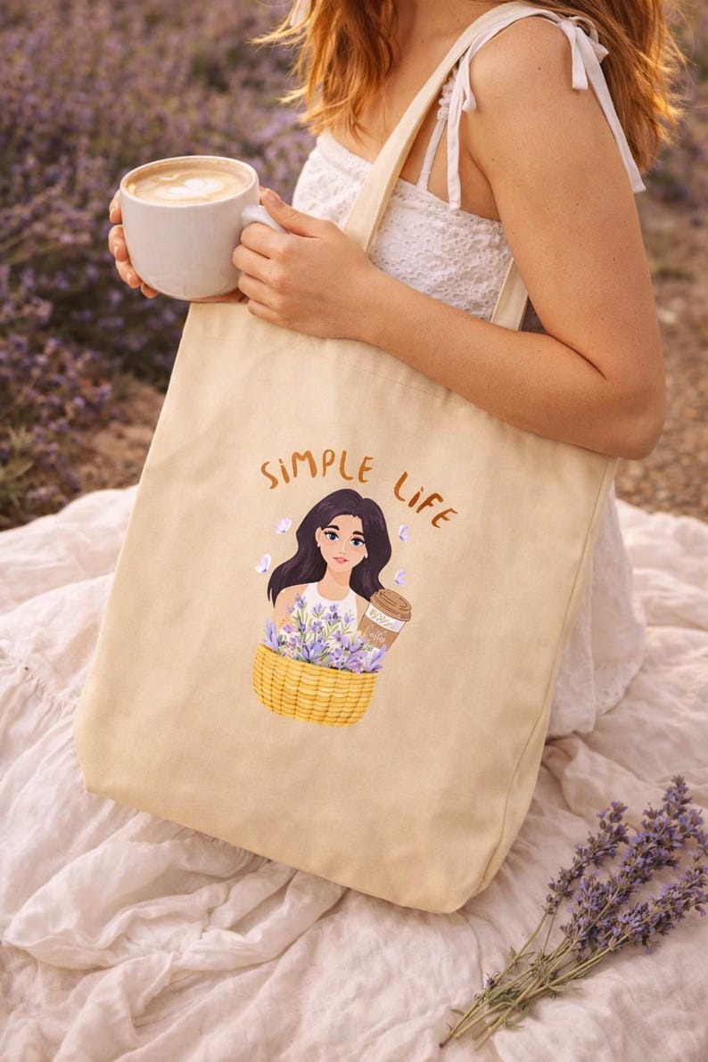 Lavender and Coffee Canvas Tote Bag, Shopping Bag, Coffee Lover, Organic Cotton Bag, Cozy Life image 3