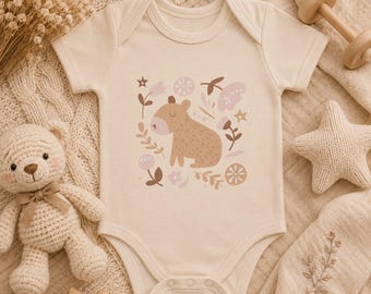 Organic cotton baby bodysuit with capybara print, organic baby clothes, newborn gift, baby capybara
