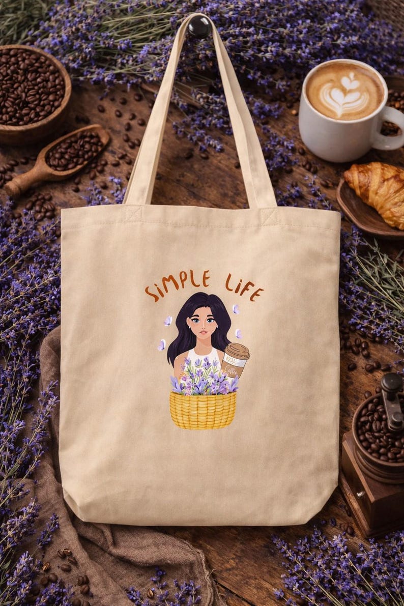 Bolsa de tela color beige con ilustración de chica tras una cesta con lavanda y café con el texto "Simple Life" sobre fondo cálido de madera y taza de café.