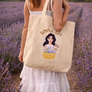 Lavender and Coffee Canvas Tote Bag, Shopping Bag, Coffee Lover, Organic Cotton Bag, Cozy Life image 2