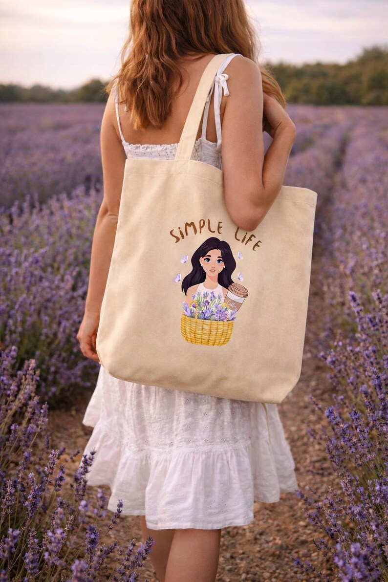 Lavender and Coffee Canvas Tote Bag, Shopping Bag, Coffee Lover, Organic Cotton Bag, Cozy Life image 2