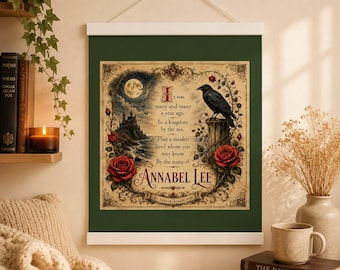 Annabel Lee Poster with White Wooden Hanger, Edgar Allan Poe Wall Art, Gothic Home Decor, Romantic Home Decor, Annabel Lee Gifts