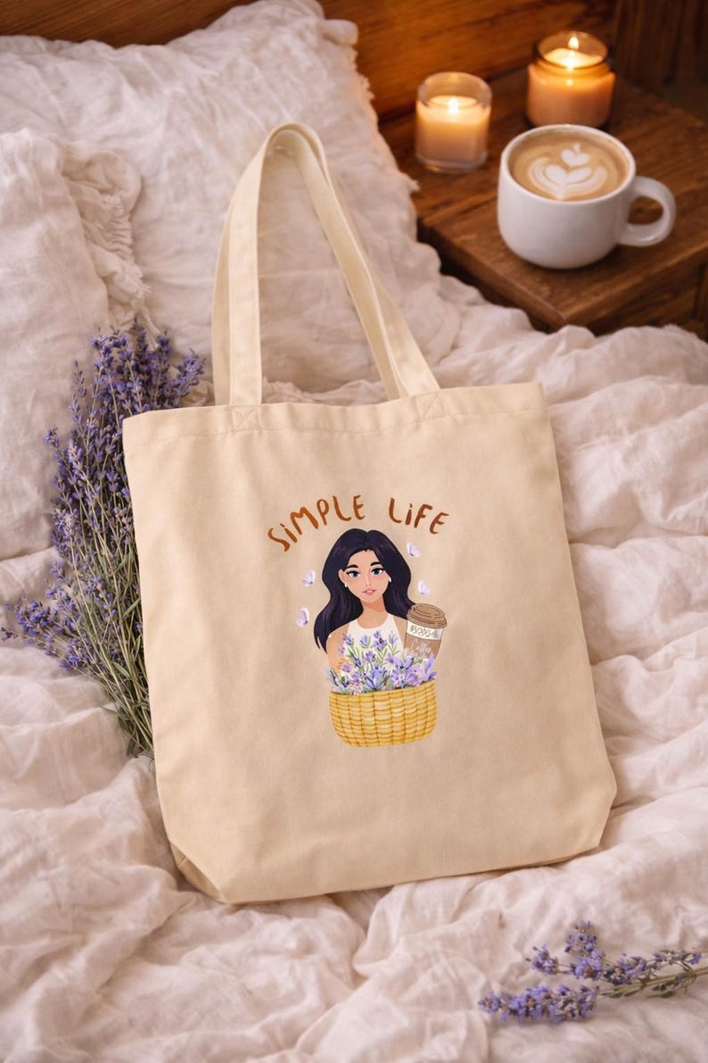 Lavender and Coffee Canvas Tote Bag, Shopping Bag, Coffee Lover, Organic Cotton Bag, Cozy Life image 4