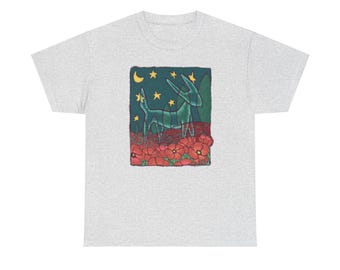 May include: A heather grey t-shirt with a graphic of a stylized blue deer standing in a field of red poppies under a starry night sky.