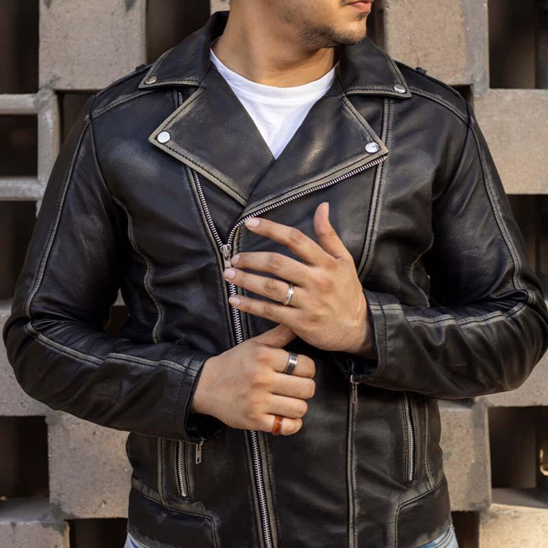 Men's Motorcycle Biker Leather Jacket Cafe Racer Genuine