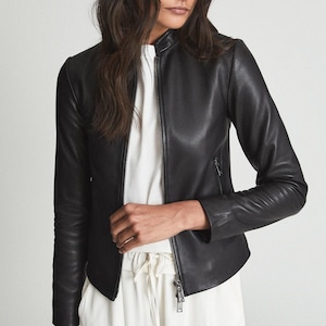 Women&#39;s Black Leather Jacket with Gunmetal Zipper, Women&#39;s Black Leather Jacket With 100% Lambskin CI Outlet Handmade Soft Fashion Jacket