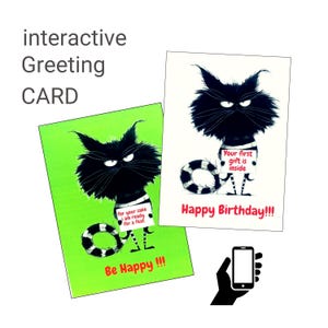 Conjunto de 2 cartões interativos de realidade aumentada | Feliz Aniversário + Seja Feliz | Surpresa de Realidade Aumentada | História do Mistério do Gato Preto