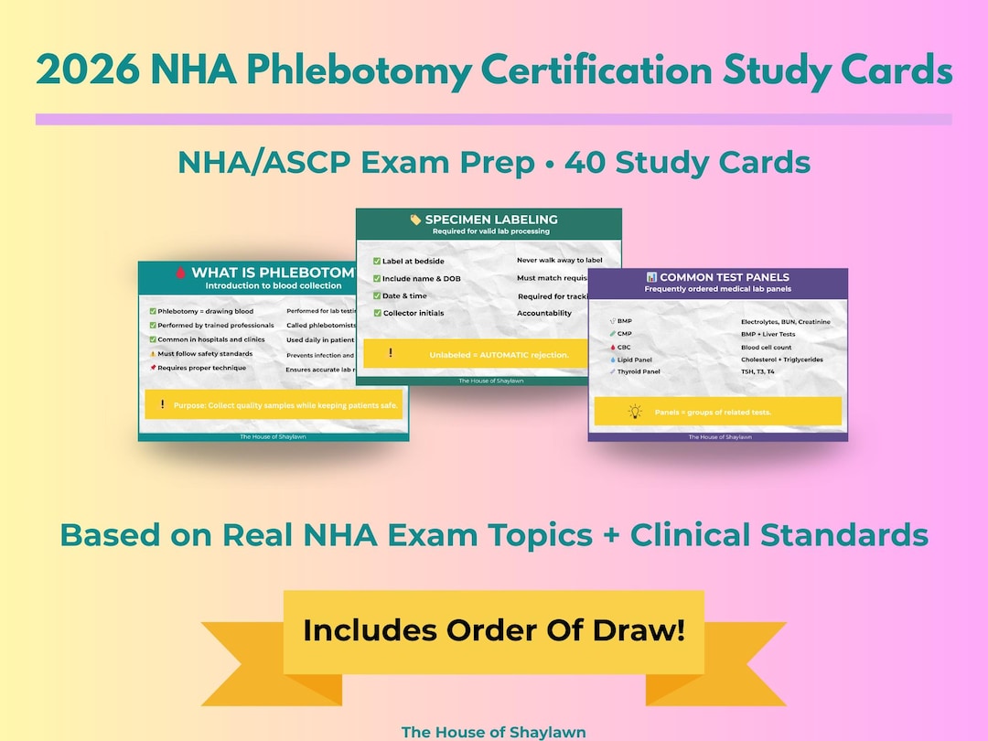 2026 NHA Phlebotomy Exam Study Cards: Lab Safety, Order of Draw ...