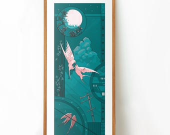 Art Nouveau Swallows Print, Whimsical Art Prints, Physical Print, Gift for Her