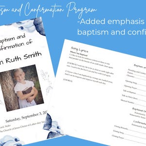 Puede incluir: Un programa de bautismo y confirmación con el texto "Bautismo y Confirmación de Eden Ruth Smith". El programa incluye una foto de una persona joven y detalles de la ceremonia. El fondo es azul claro.