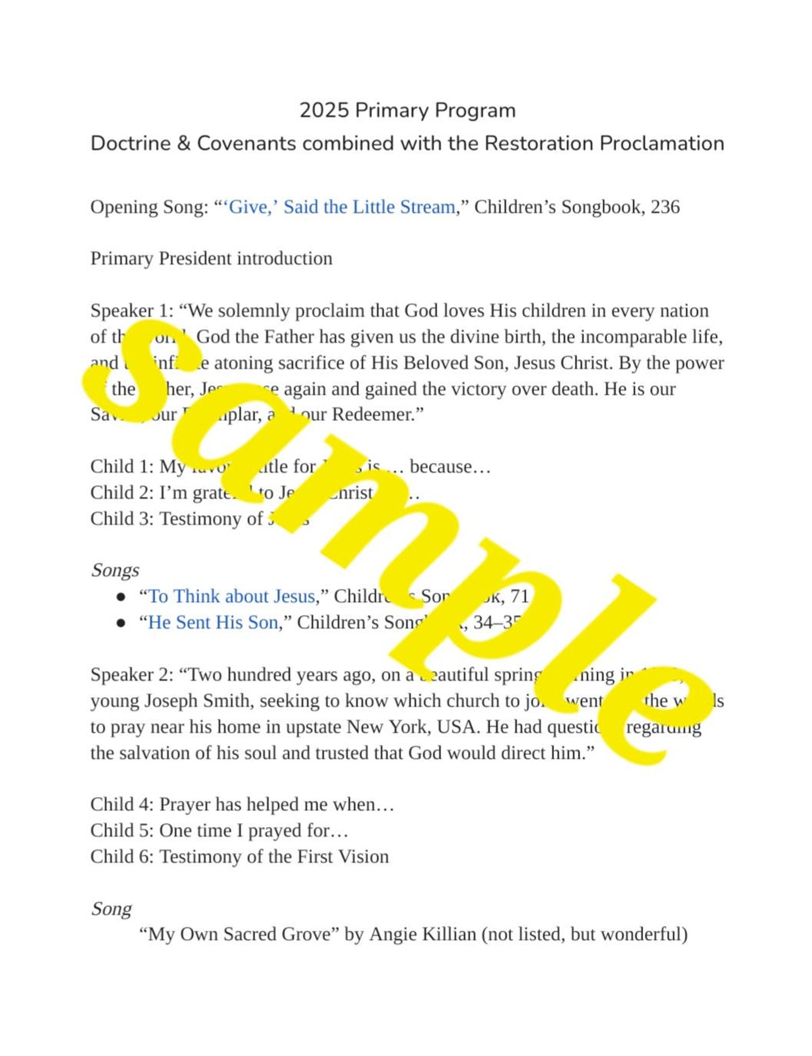 2025 Editable D&C Sacrament Primary Presentation Program Outline Script ...