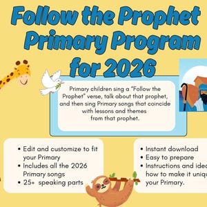 Peut inclure: Une affiche jaune avec le texte "Follow the Prophet Primary Program for 2026". Comprend des illustrations d'une girafe, d'une colombe, d'une personne avec un bâton et d'un paresseux. Le texte détaille les caractéristiques et les avantages du programme.