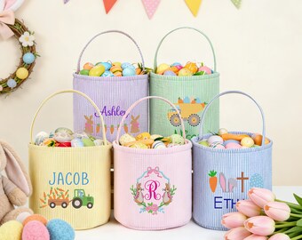 Canasta de Pascua personalizada para niños, regalo de Pascua para bebés, canasta de búsqueda de huevos de Pascua, regalo para baby shower, diseño de conejito con nombre bordado, regalos para niños
