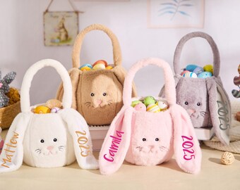 Canasta de conejito de Pascua de peluche personalizada, bolsa con nombre bordado