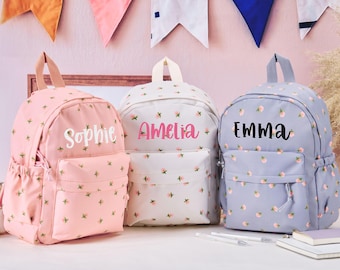 Personalized Kids Floral Backpack, Embroidered Name School Bag