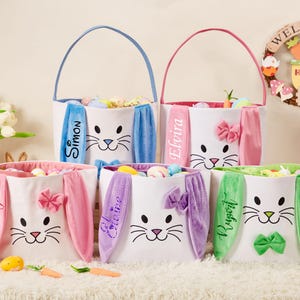 Personalisierter Plüsch-Ostern-Eimer, benutzerdefinierter Häschenbogen-Aufbewahrungskorb, rosa blauer Ostereikorb, Kinderhäschen-Tasche mit Namen, Ostergeschenke für Kinder