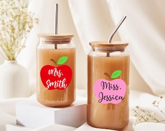Personalized Teacher Glass Tumbler, Stainless Steel Straw, Teacher Gift