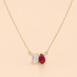 14k Solid Gold Toi Et Moi Diamond and Ruby Pendant, Emerald Cut & Pear Cut Necklace, Minimal Necklace, Lab Diamond and Gemstone pendant