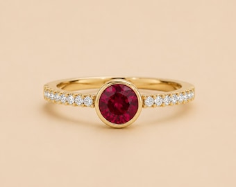 14k Gold Ruby Ring, Engagement Ring, Ruby Birthstone, Stackable Ring, Birthstone Ring, Minimalist Ring with pave Band, Perfect gift for her