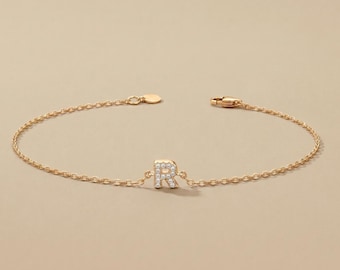 14K Gold Solid Gold Diamond Initial Bracelet, 14k Gold Letter Charm, Must Have, Customized initial bracelet, Perfect gift for loved ones