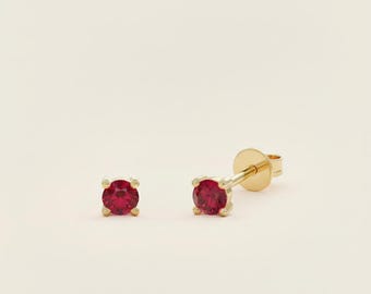 Mini Ruby Solitaire Stud Earrings, 4 Prong Set Simple Ruby Earrings, Dainty Small Gold Earrings, Perfect gift