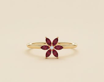 Marquise Ruby Ring, Flower Design Natural Ruby Ring, Diamond Centered Ruby Petals, Unique Engagement Ring, Perfect gift for her