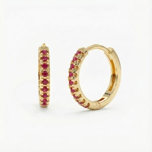 Könnte beinhalten: Ein Paar goldfarbene Creolen. Jeder Ohrring ist mit einer Reihe kleiner, leuchtend roter Edelsteine besetzt. Die Ohrringe werden vor einem schlichten weißen Hintergrund präsentiert, der ihr Design hervorhebt.