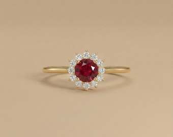 14k Gold Ruby Ring, Ruby and Diamond Ring with Solid Gold, Ruby Engagement Ring, 14k Gold Thin Band, Perfect gift for her
