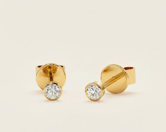 14k Gold Diamond Bezel Studs, Small Diamond Stud Earrings, Round Diamond, White, Yellow, Rose Gold, Solitaire Diamond, Gift for Her