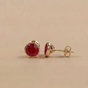 Round Ruby Lab Gemstone Stud Earrings, 14K Yellow Gold Bezel Set Women's Earrings, Ruby Earrings For her, Perfect gift