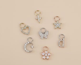 14k Gold Earring Charms, Only Charms, Solid Gold, Natural Stones, Initial, Star, Flower, Heart, Butterfly, Moon, Cross, SOLD AS SINGLE