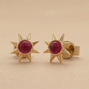 14k Gold Ruby Earrings, Solid Gold, Sun Design Studs, Small Ruby Earrings, Genuine Ruby, Gemstone Studs, Minimalist, Perfect gift