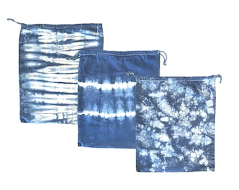 3 Indigo Dyed Drawstring Bags Organic Cotton Canvas - no waste gift bag