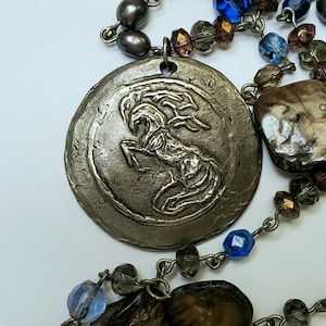 Horse Necklace Handmade Dressage Unique Artisan Sculpted Pendant with Fresh Water Pearls Glass and Shell Beads OOAK