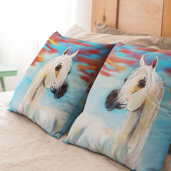 Oreiller de cheval Gris Designer Home Decor Throw Pillow Arabian Horse Painting Original Sunset Gray Horse Gift