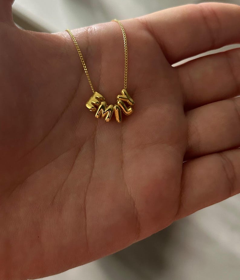 14K Gold 3D Mini Bubble Letter Name Necklace, Name Plate Necklace ...