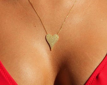Pave Diamond Heart Necklace, Elongated Heart Necklace, Pave Heart Pendant Zircon Stone, Dainty Silver Heart Necklace, Tiny Heart Necklace