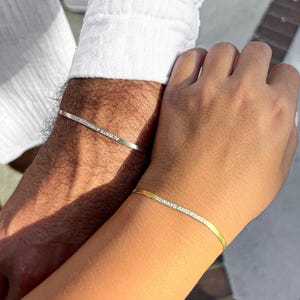 Gold Snake Chain Bracelet, Coordinate Couples Bracelets, Gold Herringbone Bracelets, Couple Bracelet Set of 2, Engraved Matching Bracelets