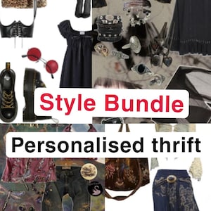 Può includere: Un collage di abbigliamento e accessori, tra cui un cappotto leopardato, un corsetto nero e gioielli. Il testo "Style Bundle" e "Personalised thrift" è visualizzato. L'immagine mostra una varietà di articoli di moda.