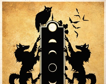 Moon Phases Wall Art Print Gothic Goth Decor Wolf Owl Stag Bats Lunar Phase