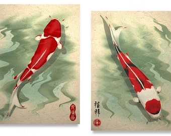 Koi Art Print Set Asian Art Wall Decor Zen Art