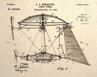 Aerial Vessel Airship Patent Drawing Steampunk Art Print Wall Decor