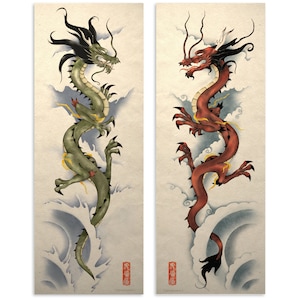 Asian Red And Green Dragon Art Poster Prints Wall Decor