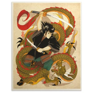Asian Art Samurai Fighting A Dragon Print Wall Decor
