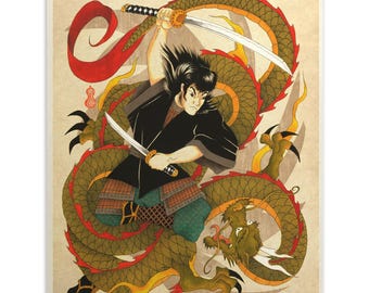 Asian Art Samurai Fighting A Dragon Print Wall Decor