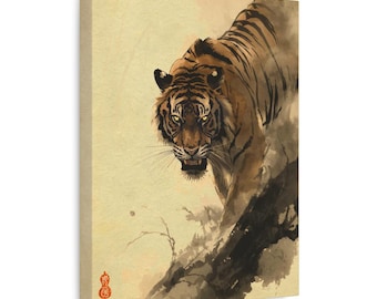 May include: A canvas wall art print featuring a tiger with orange and black stripes, yellow eyes, and an open mouth. The tiger is depicted in a watercolor style against a light beige background with dark ink-like brushstrokes and a red seal.