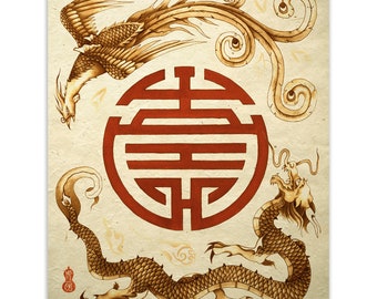Asian Art Print Dragon Phoenix Wall Decor Gift
