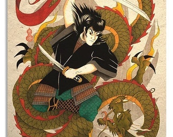 Asian Art Print Samurai Fighting A Dragon
