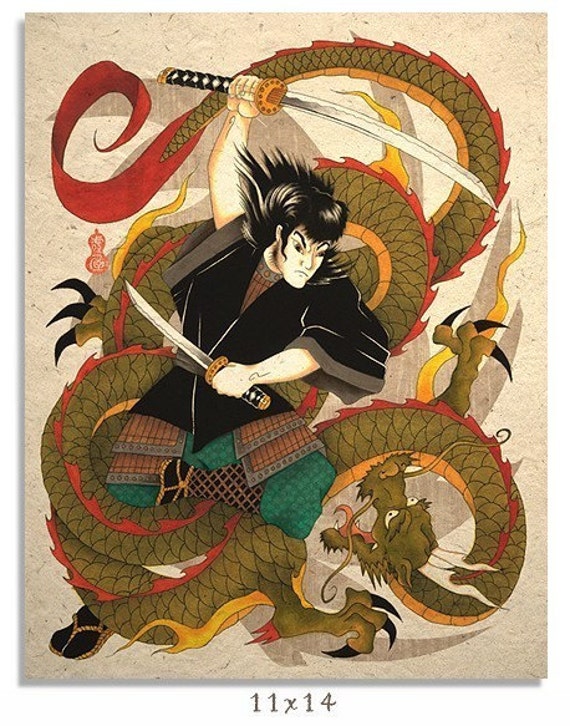 Asian Art Print Samurai Fighting A Dragon - Etsy Asian Art Print Samurai Fighting A Dragon - Etsy